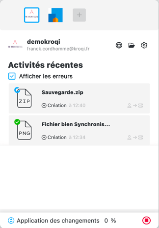 02-kroqi-drive-fichier-en-cours-de-synchronisation-avec-iundication-de-lavancée-de-la-copie-la-roue-bleue